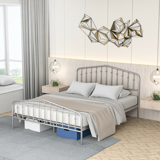 Elegant Queen Size Metal Platform Bed Frame with Vintage Headboard & Footboard Design - Silver