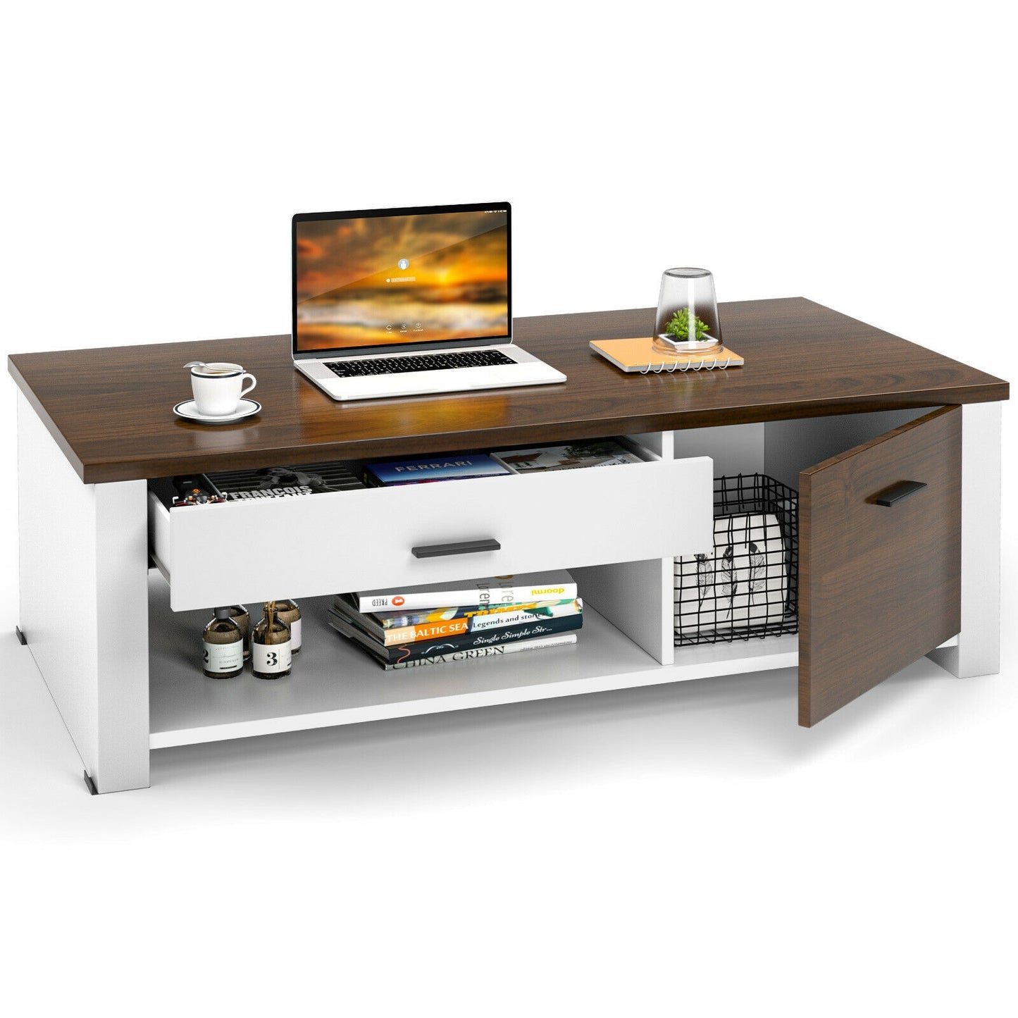 Multi-Storage Coffee Table with Compartments, Drawers, and Durable Wood Construction