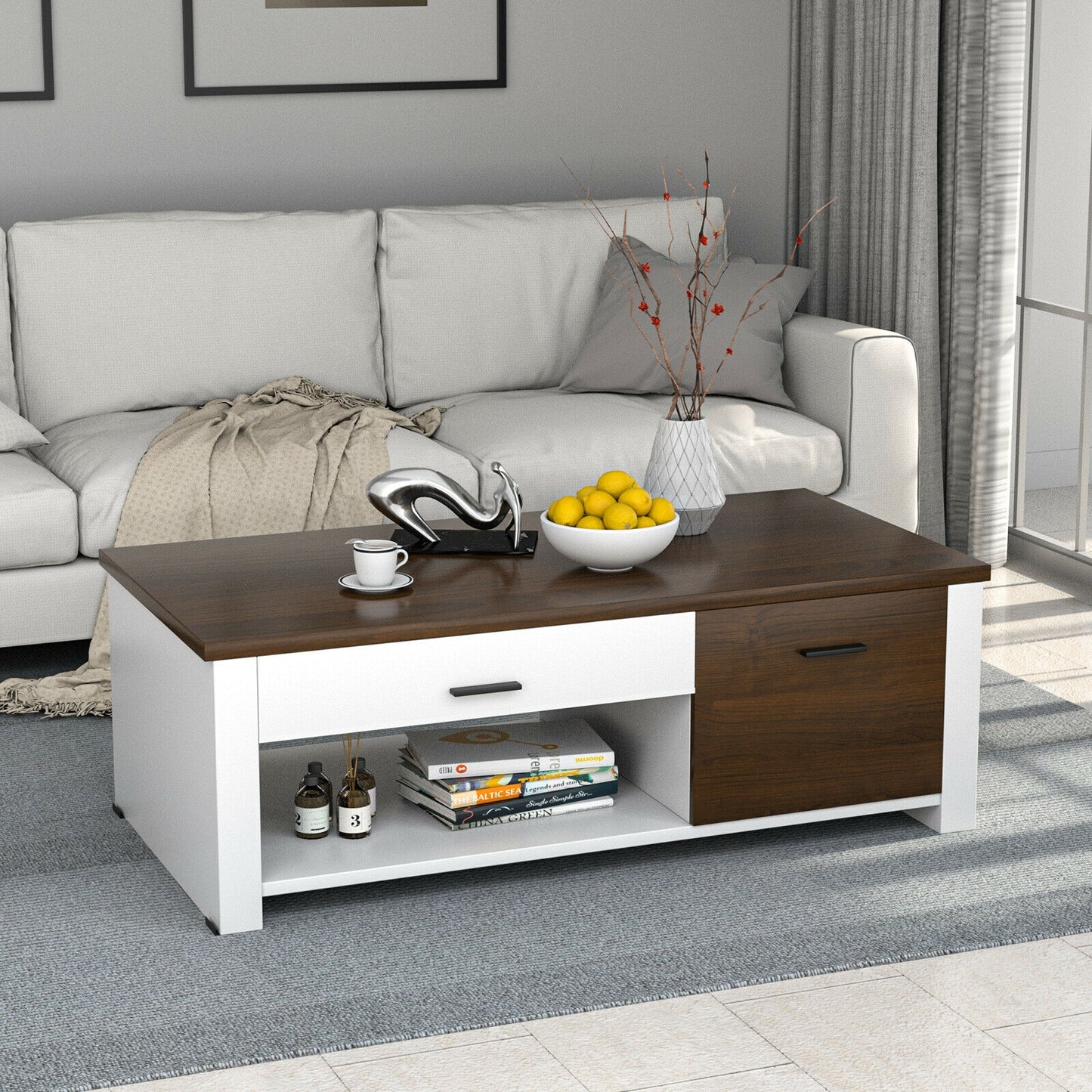 Multi-Storage Coffee Table with Compartments, Drawers, and Durable Wood Construction