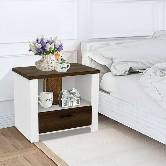 Modern Accent Nightstand with Drawer and Open Shelf for Bedroom or Living Room