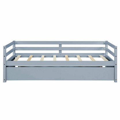 Space Saving Twin Daybed with Pull Out Trundle and Sturdy Wood Slat Frame - Grey