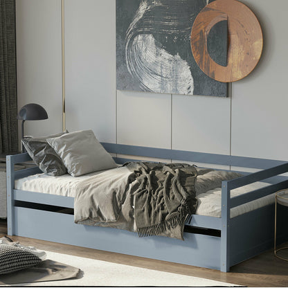 Space Saving Twin Daybed with Pull Out Trundle and Sturdy Wood Slat Frame - Grey