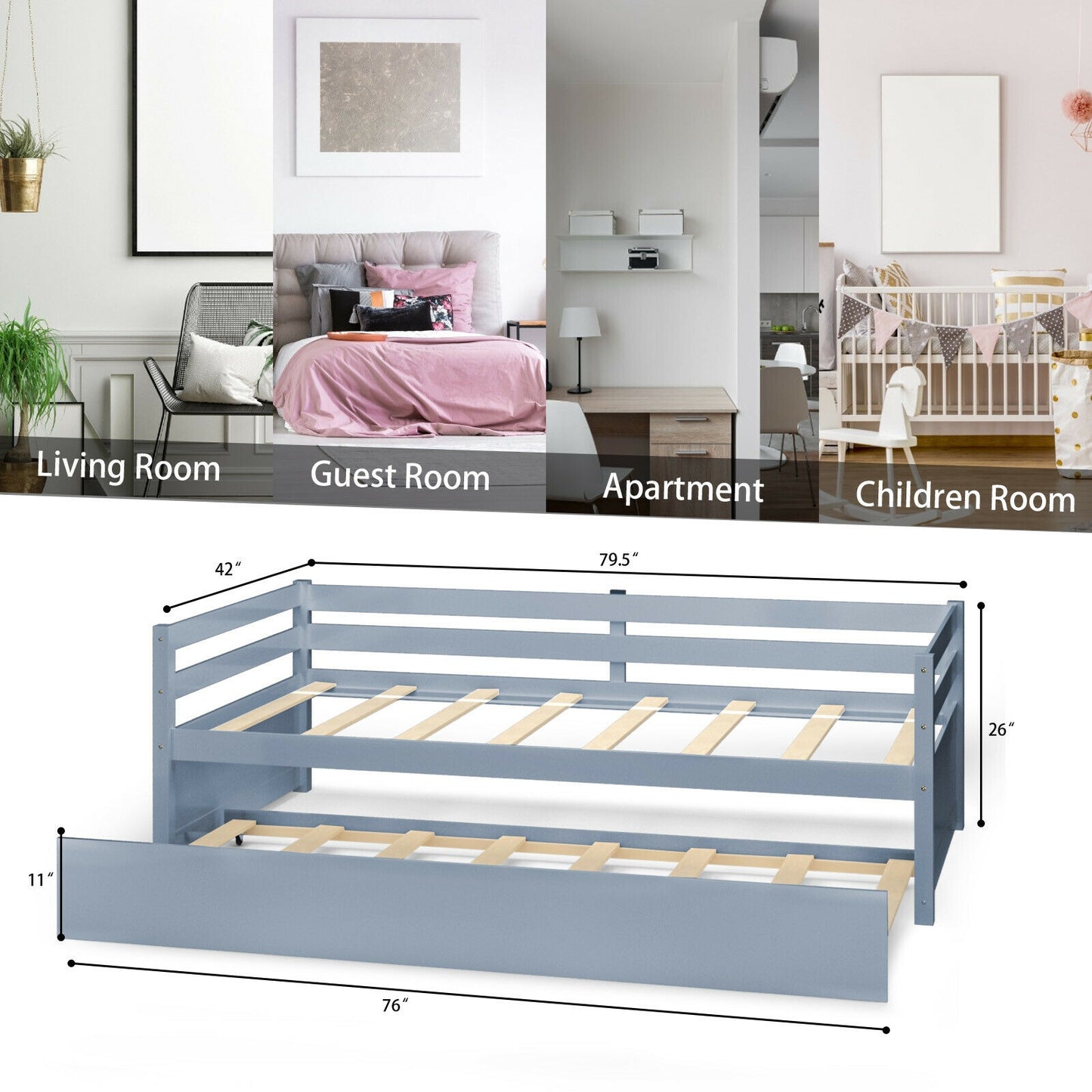 Space Saving Twin Daybed with Pull Out Trundle and Sturdy Wood Slat Frame - Grey