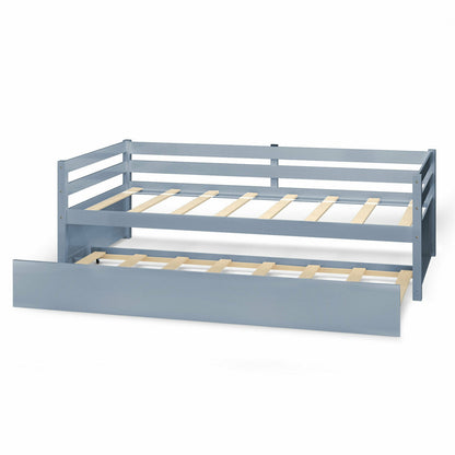 Space Saving Twin Daybed with Pull Out Trundle and Sturdy Wood Slat Frame - Grey