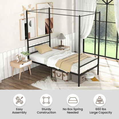 Elegant Metal Canopy Bed Frame with Slat Support – Twin Size