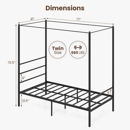 Elegant Metal Canopy Bed Frame with Slat Support – Twin Size