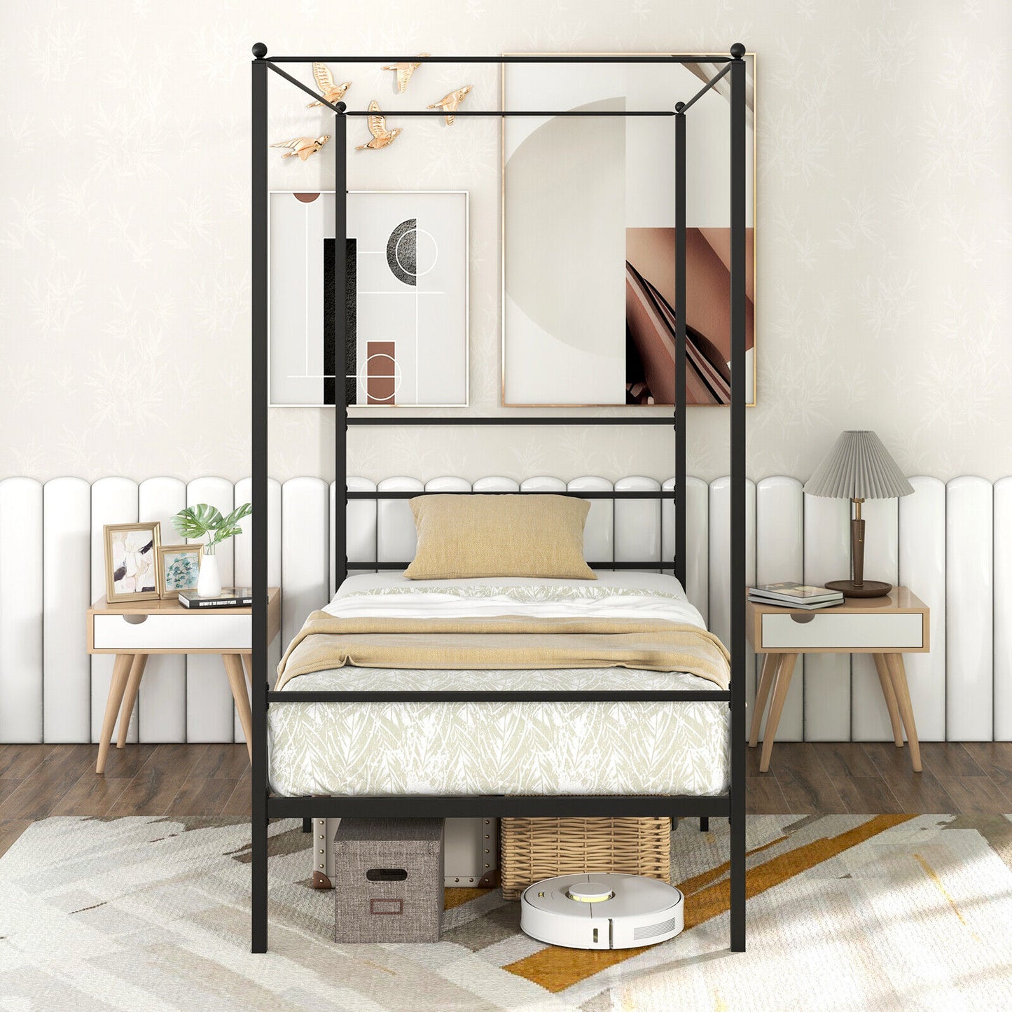 Elegant Metal Canopy Bed Frame with Slat Support – Twin Size