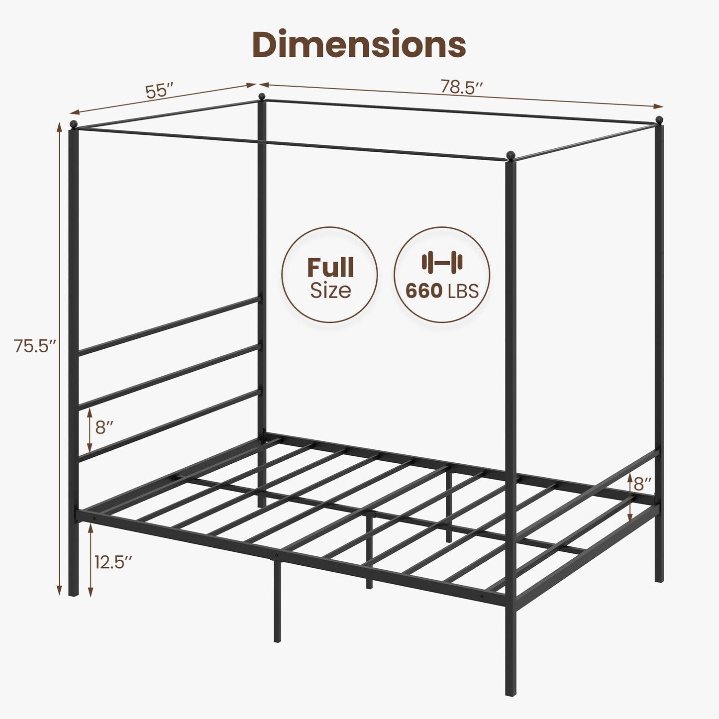 Elegant Metal Canopy Bed Frame with Slat Support – Full Size