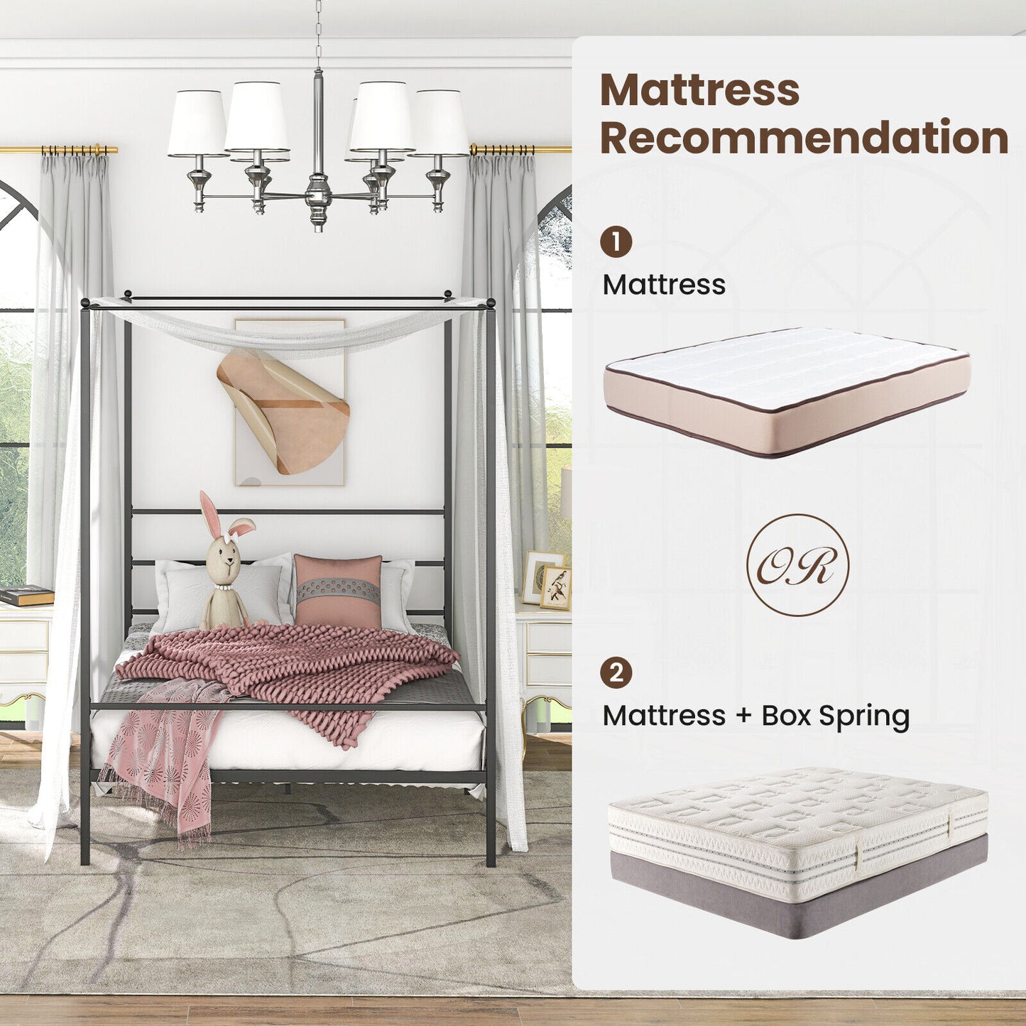 Elegant Metal Canopy Bed Frame with Slat Support – Full Size