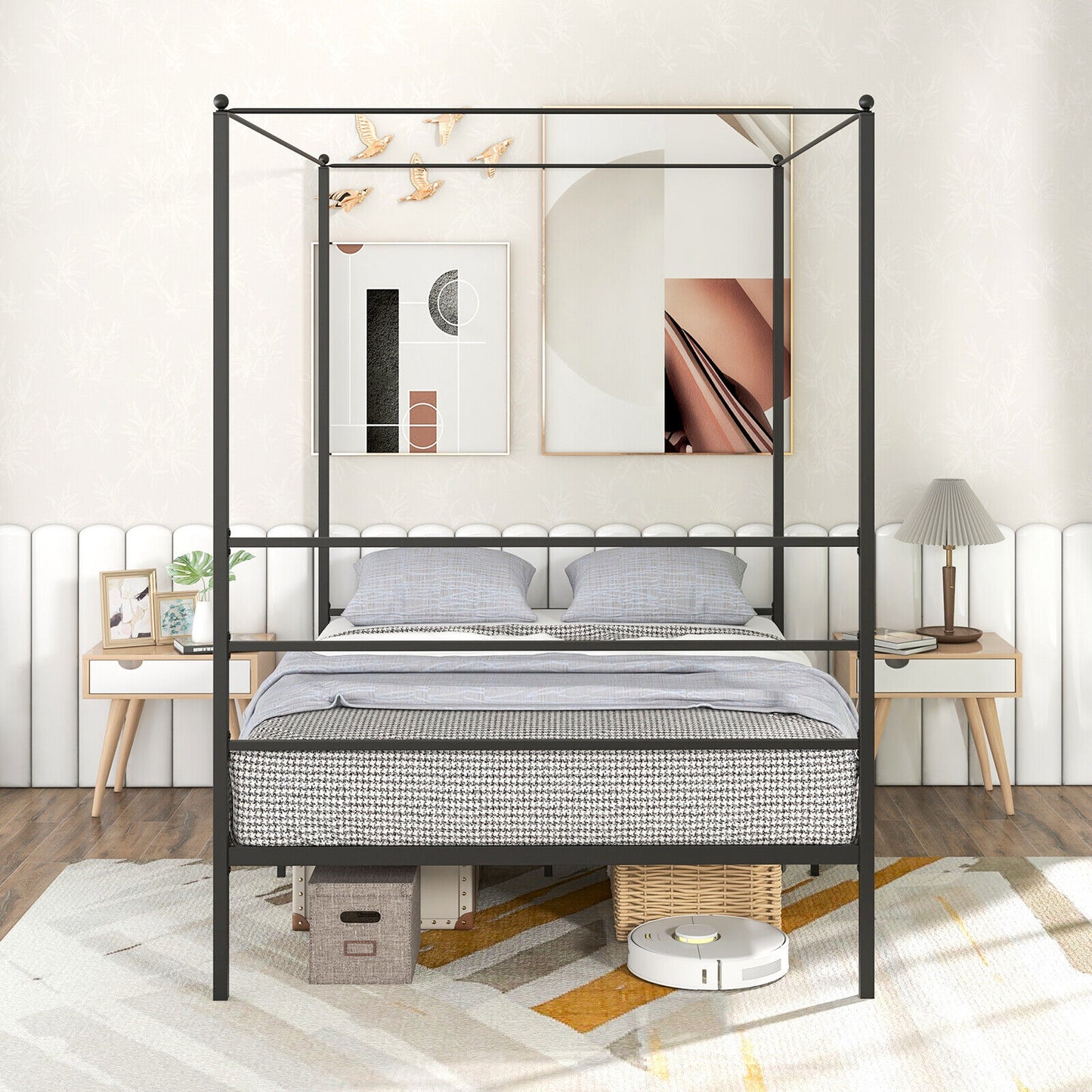 Elegant Metal Canopy Bed Frame with Slat Support – Full Size