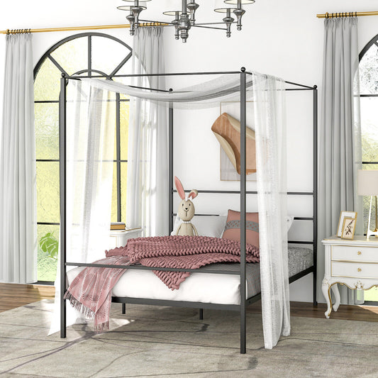 Elegant Metal Canopy Bed Frame with Slat Support – Full Size