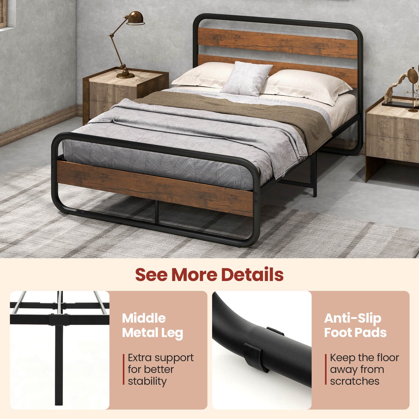 Rustic Metal Platform Bed Frame with Headboard and Footboard – Full & Queen Size