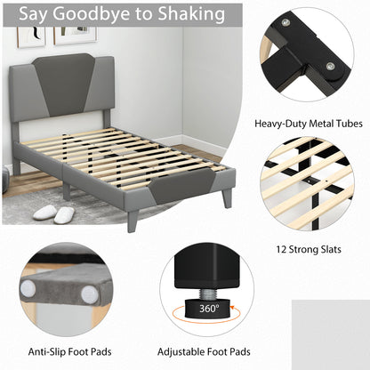 Modern Velvet Upholstered Bed Frame with High Headboard – Twin Size