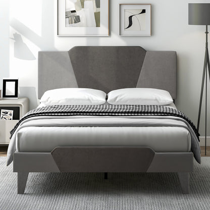 Modern Velvet Upholstered Bed Frame with High Headboard – Full Size