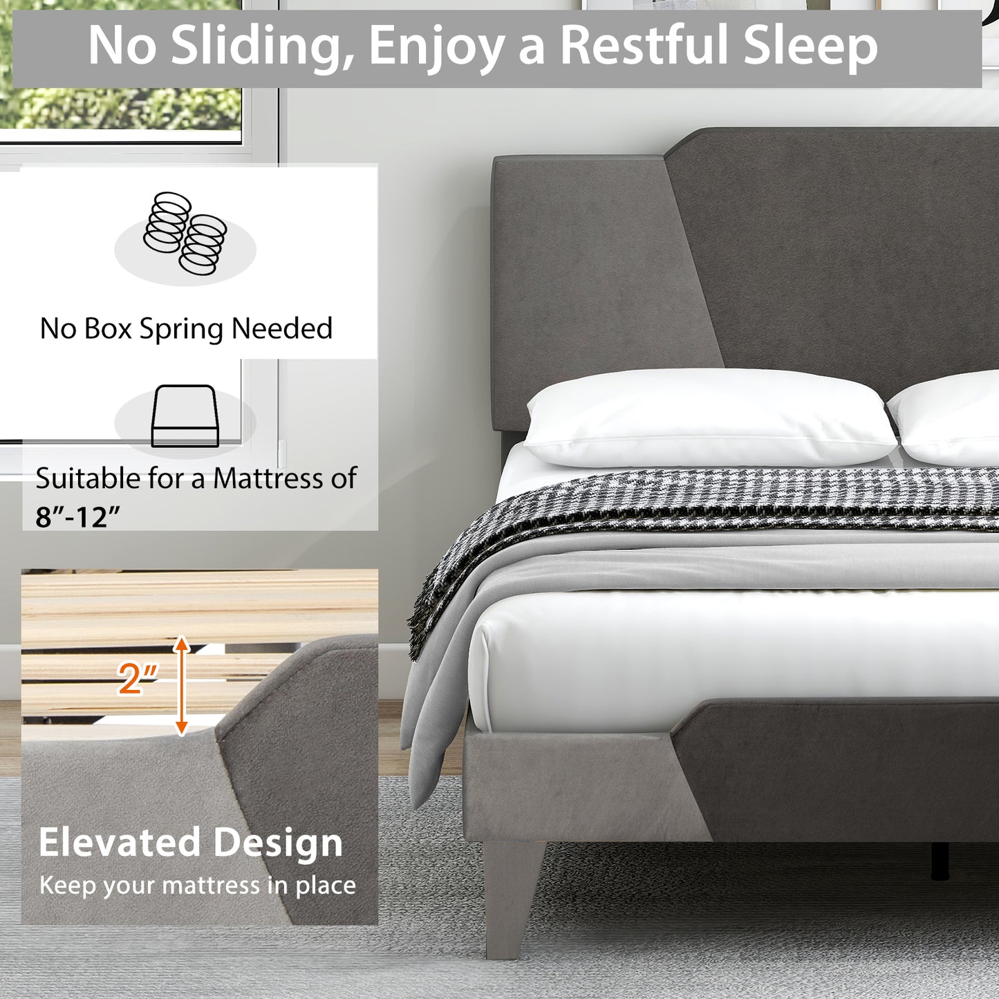 Modern Velvet Upholstered Bed Frame with High Headboard – Full Size