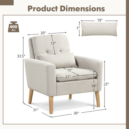 Ergonomic Accent Chair with Lumbar Pillow, Rubber Wood Legs, and Padded Cushions – Beige