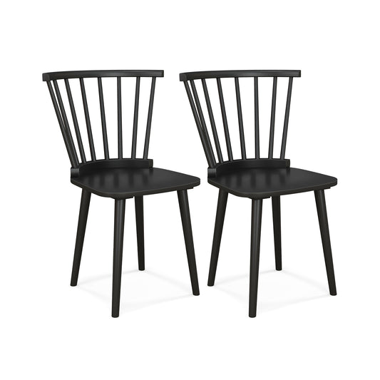 Set of 2 Windsor Dining Chairs with Spindle Back and Rubber Wood Frame - Black Finish