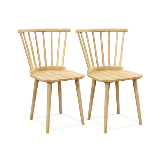 Set of 2 Windsor Dining Chairs with Spindle Back and Rubber Wood Frame - Natural Finish