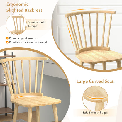 Set of 2 Windsor Dining Chairs with Spindle Back and Rubber Wood Frame - Natural Finish