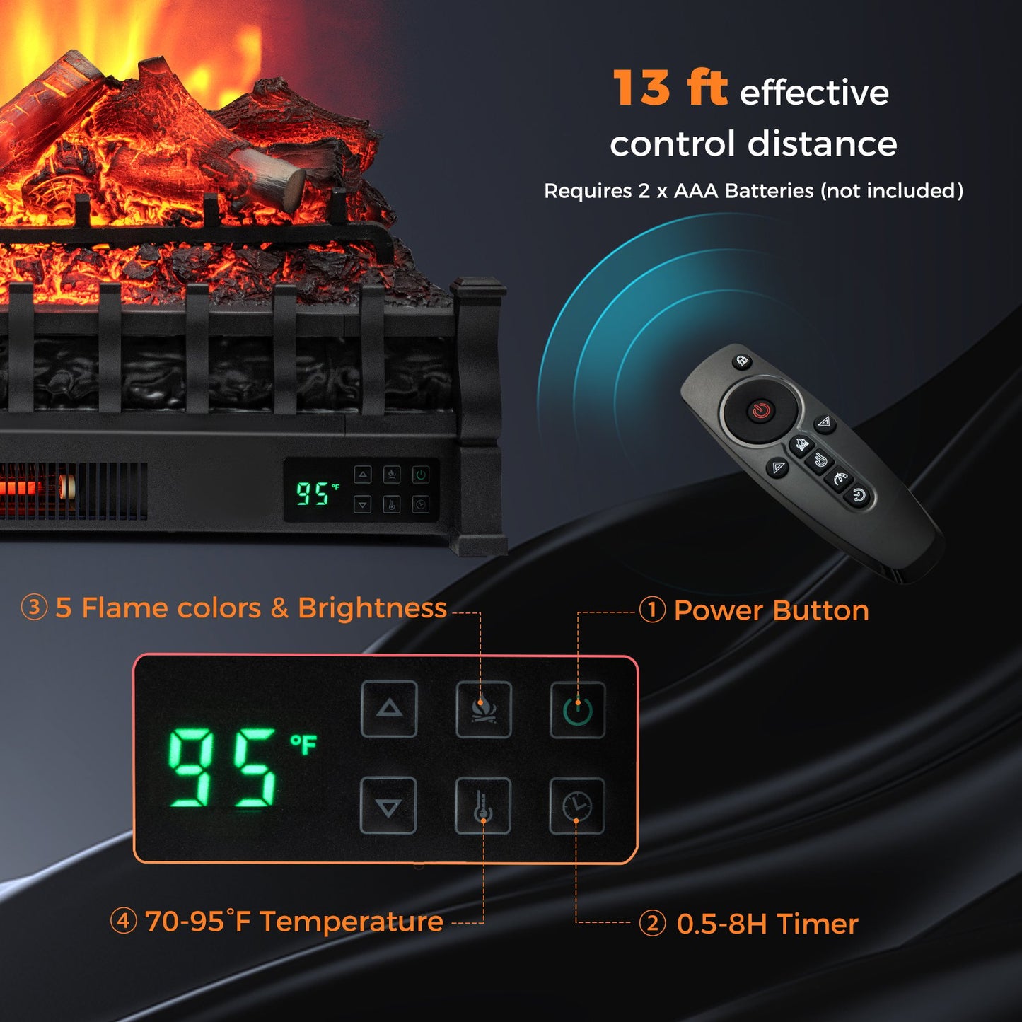 26 Inch Electric Fireplace Heater with Remote & Realistic Lemonwood Ember Bed