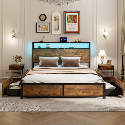 Smart LED Light Bed Frame with Storage Drawers - Queen Size