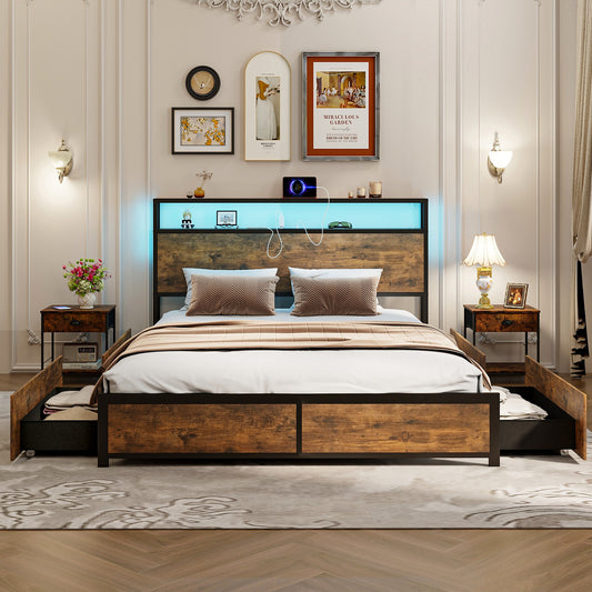 Smart LED Light Bed Frame with Storage Drawers - Queen Size
