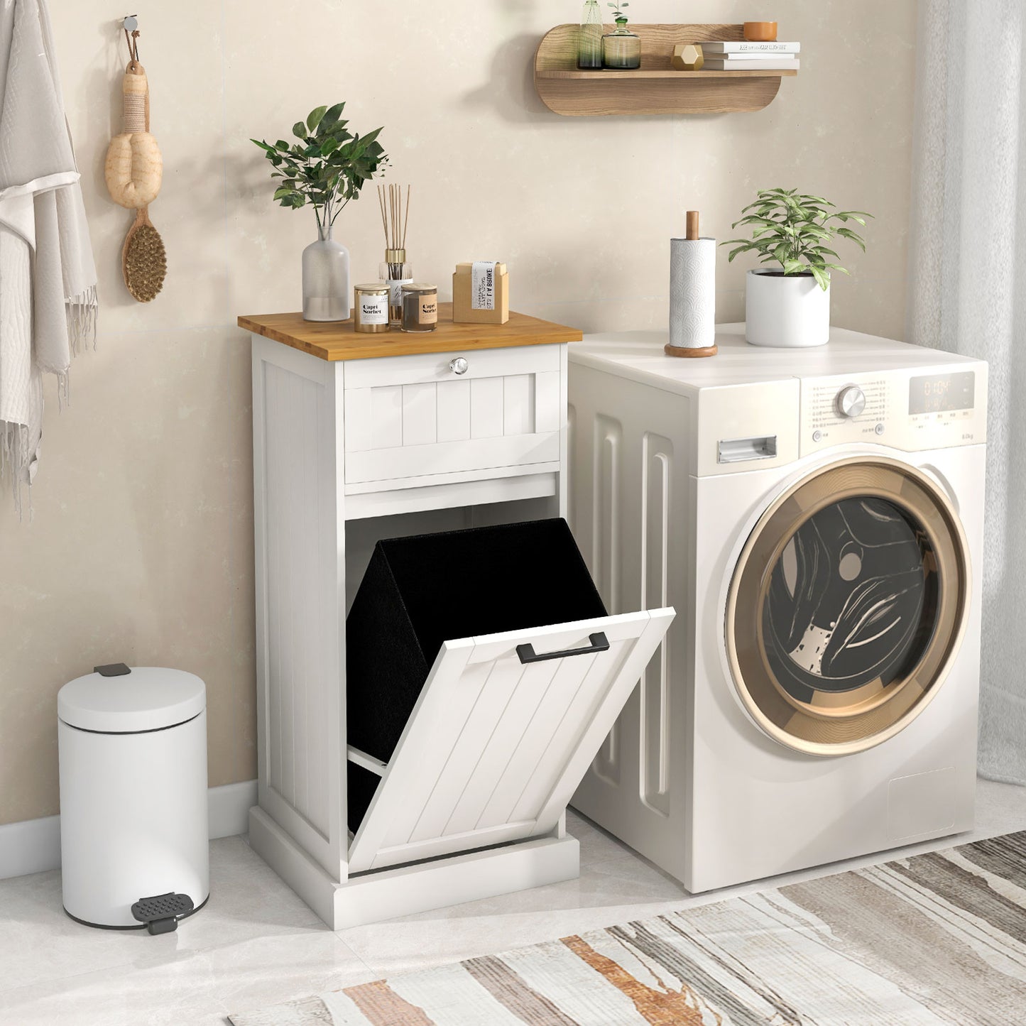 Multi Function Bamboo Laundry Cabinet with Tilt-Out Hamper and Storage Drawer