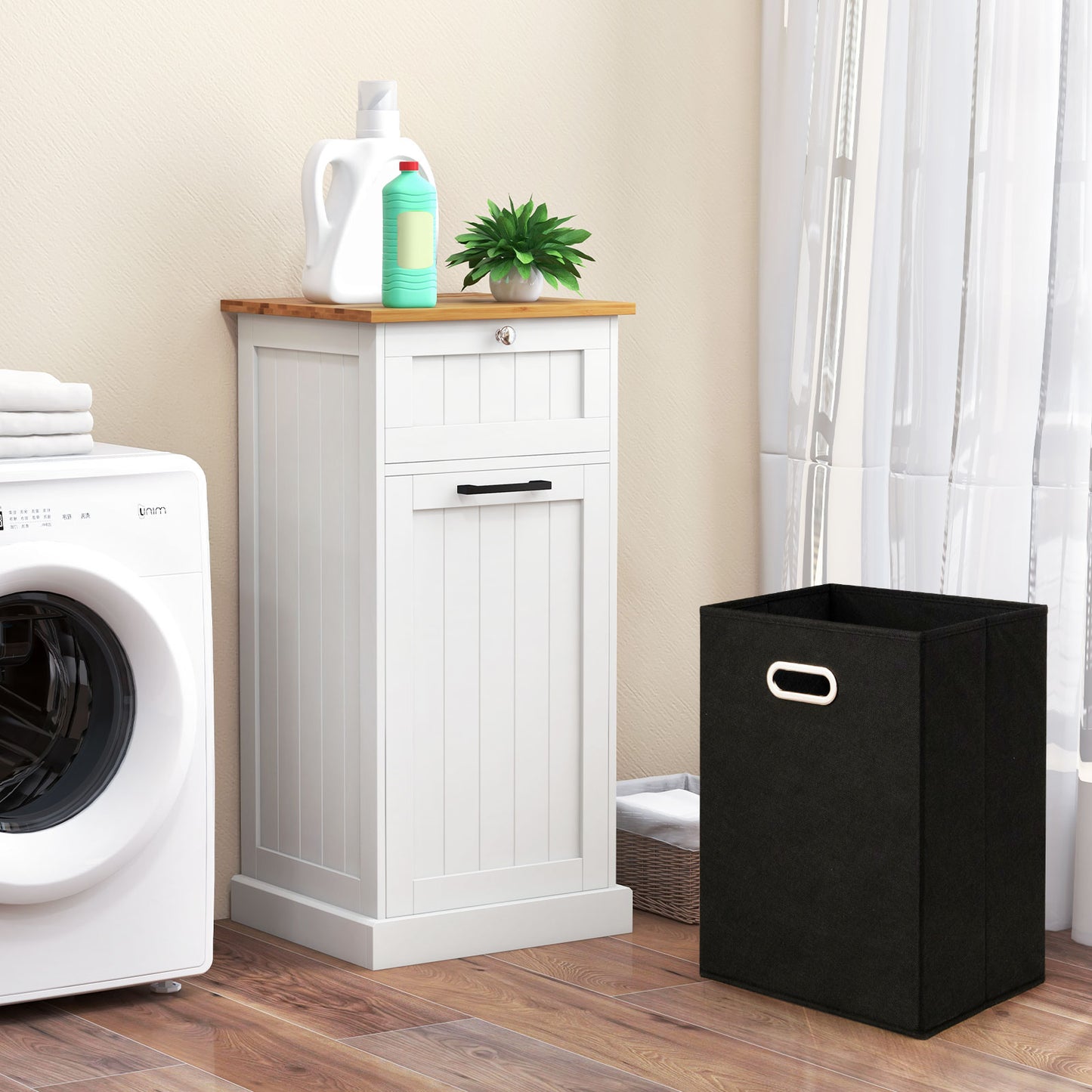 Multi Function Bamboo Laundry Cabinet with Tilt-Out Hamper and Storage Drawer