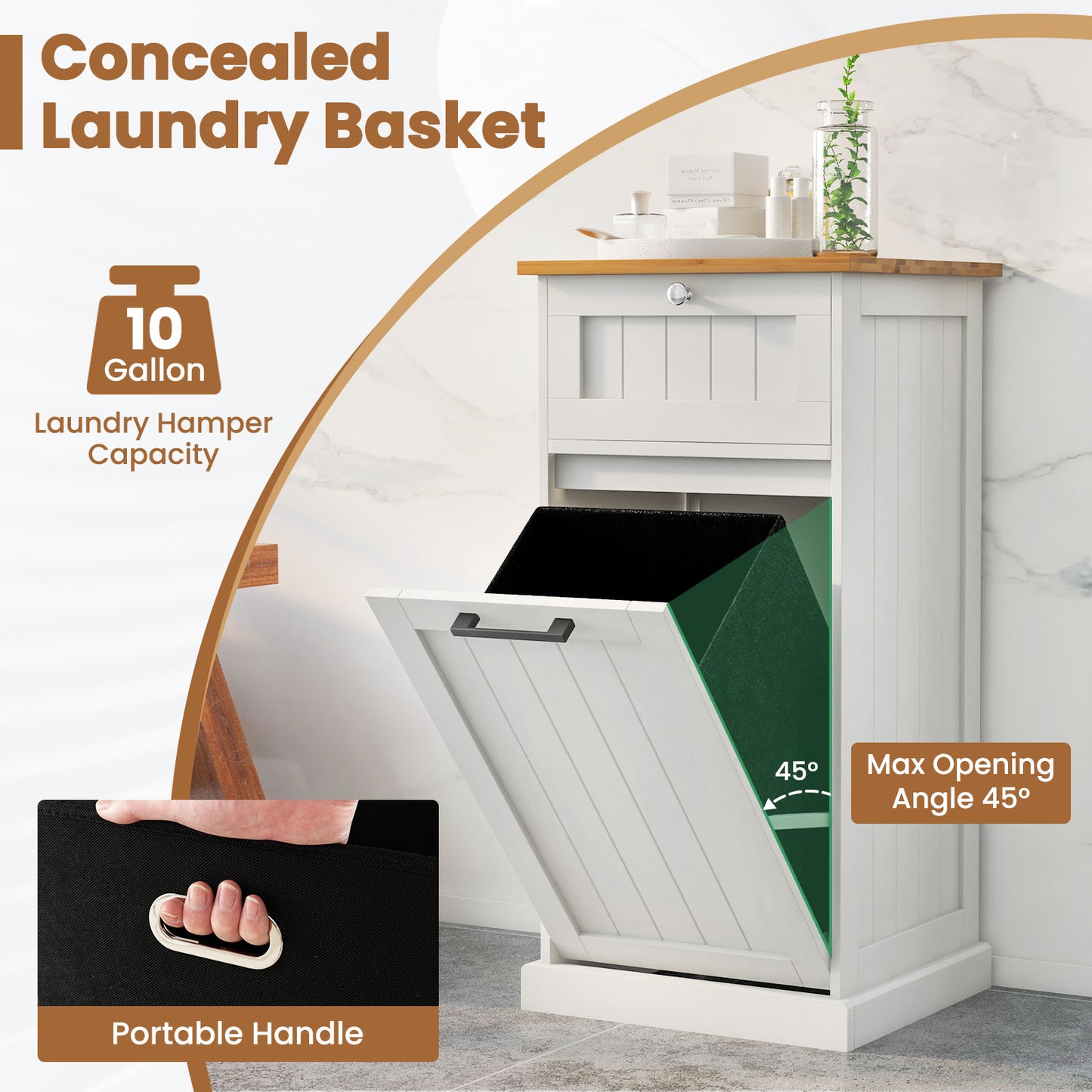 Multi Function Bamboo Laundry Cabinet with Tilt-Out Hamper and Storage Drawer