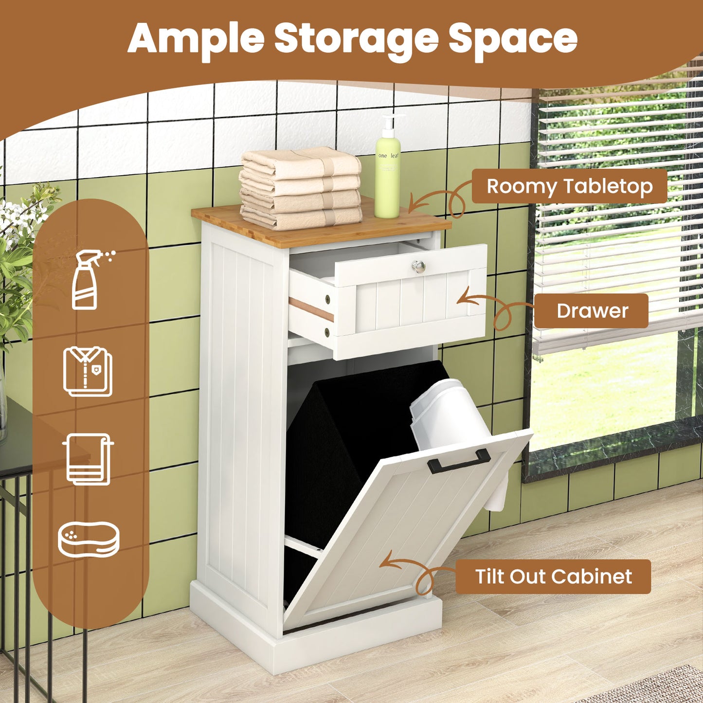 Multi Function Bamboo Laundry Cabinet with Tilt-Out Hamper and Storage Drawer