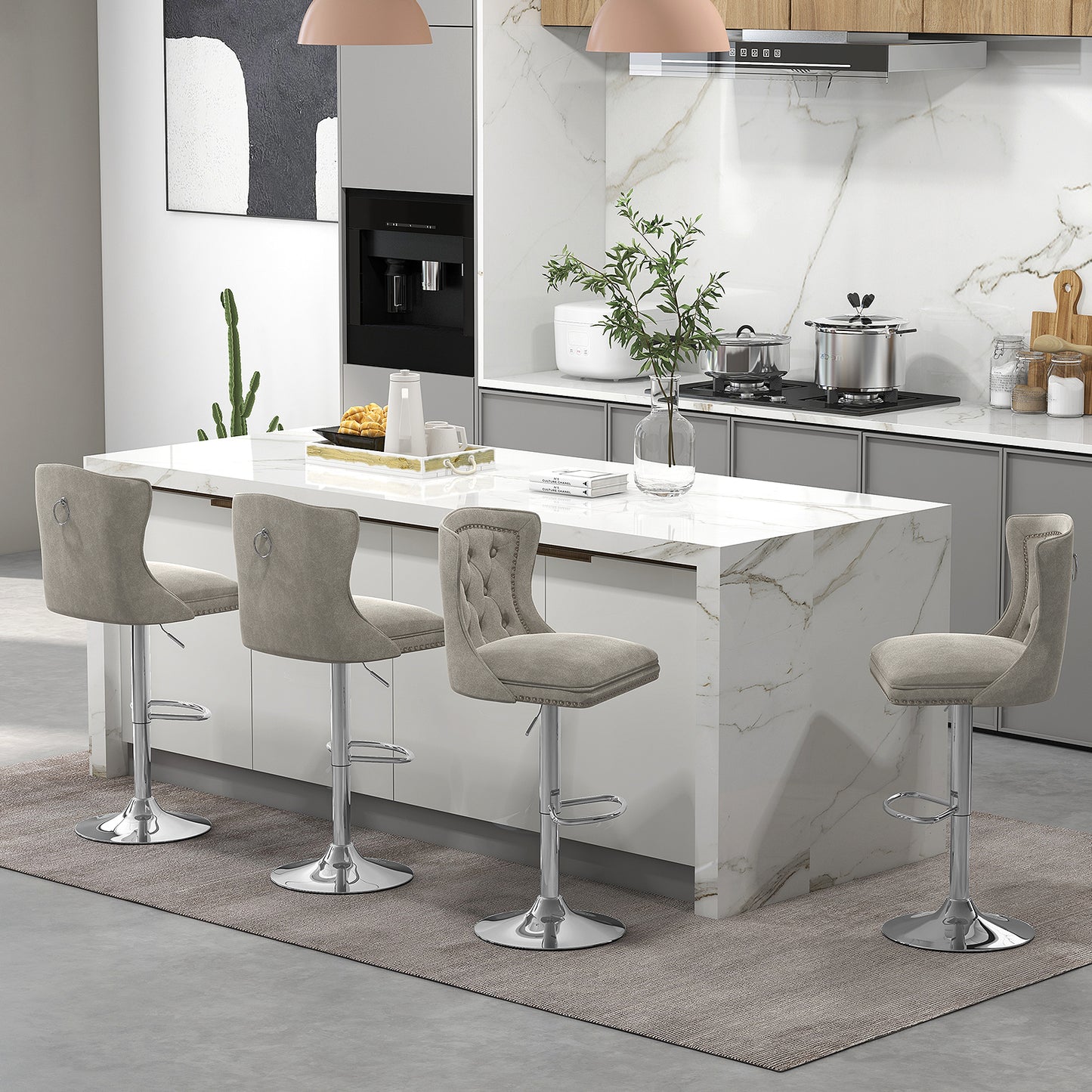 360° Swivel Velvet Bar Stools Set of 2 with Adjustable Footrest and Electroplated Metal Base - Grey