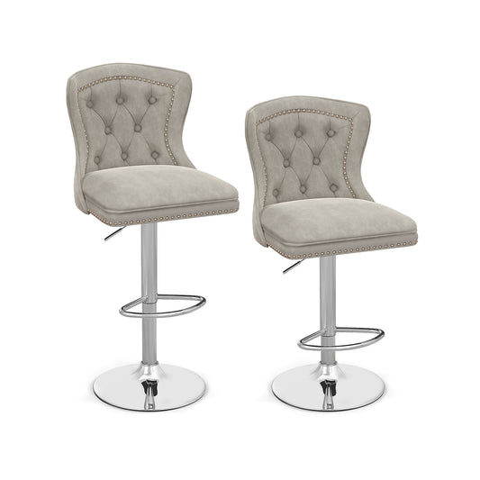 360° Swivel Velvet Bar Stools Set of 2 with Adjustable Footrest and Electroplated Metal Base - Grey