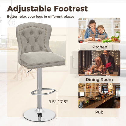 360° Swivel Velvet Bar Stools Set of 2 with Adjustable Footrest and Electroplated Metal Base - Grey