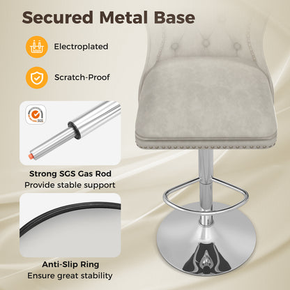 360° Swivel Velvet Bar Stools Set of 2 with Adjustable Footrest and Electroplated Metal Base - Grey