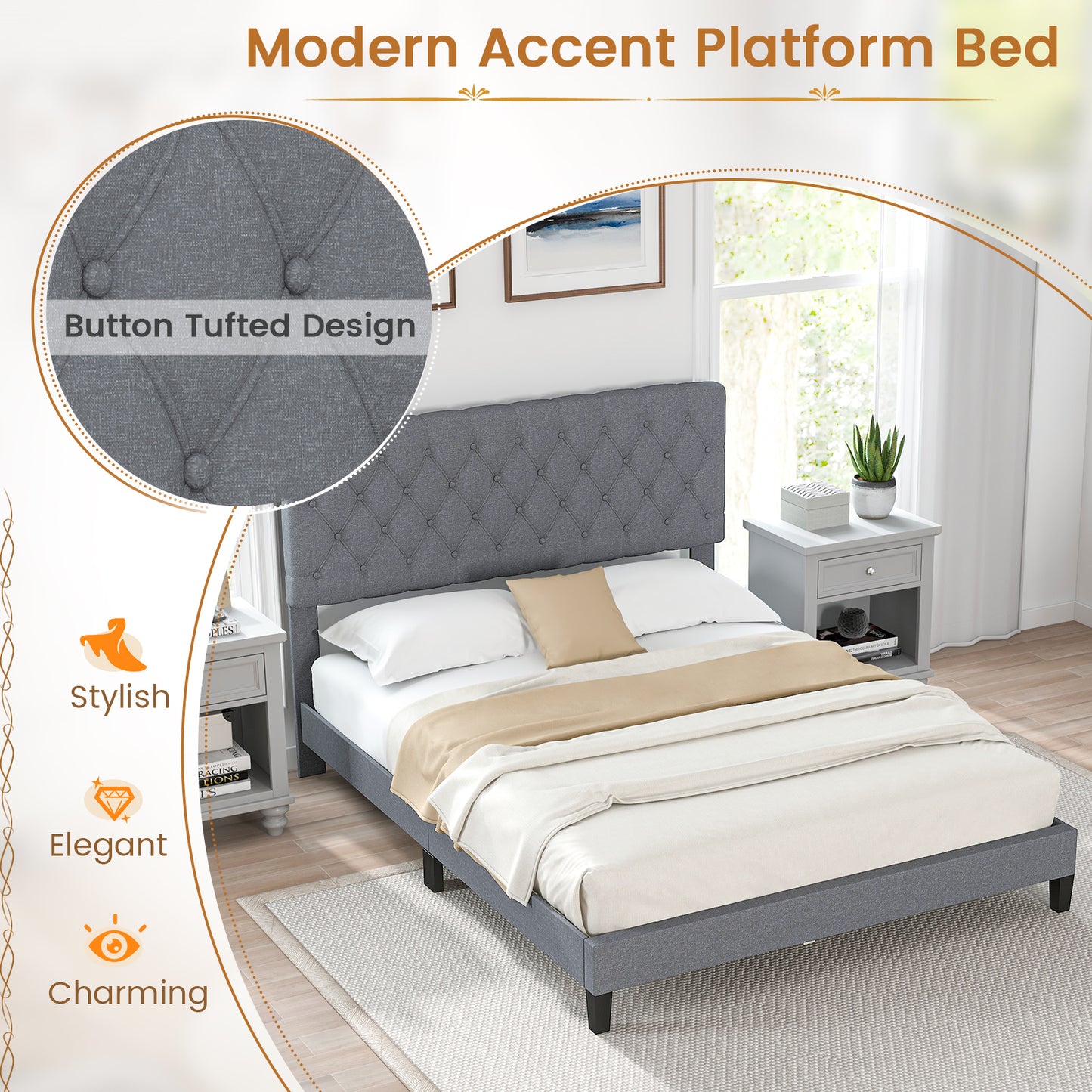 Elegant Queen Size Upholstered Platform Bed with Tufted Headboard in Grey