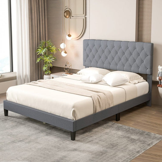 Elegant Queen Size Upholstered Platform Bed with Tufted Headboard in Grey