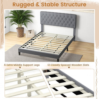 Elegant Queen Size Upholstered Platform Bed with Tufted Headboard in Grey