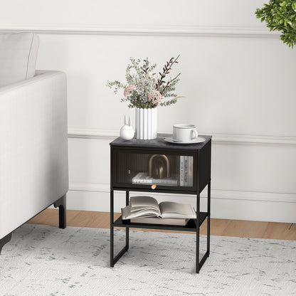 Nightstand with Flip Up Door and Storage Shelf in Black