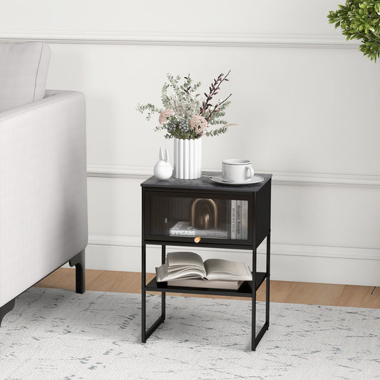 Nightstand with Flip Up Door and Storage Shelf in Black