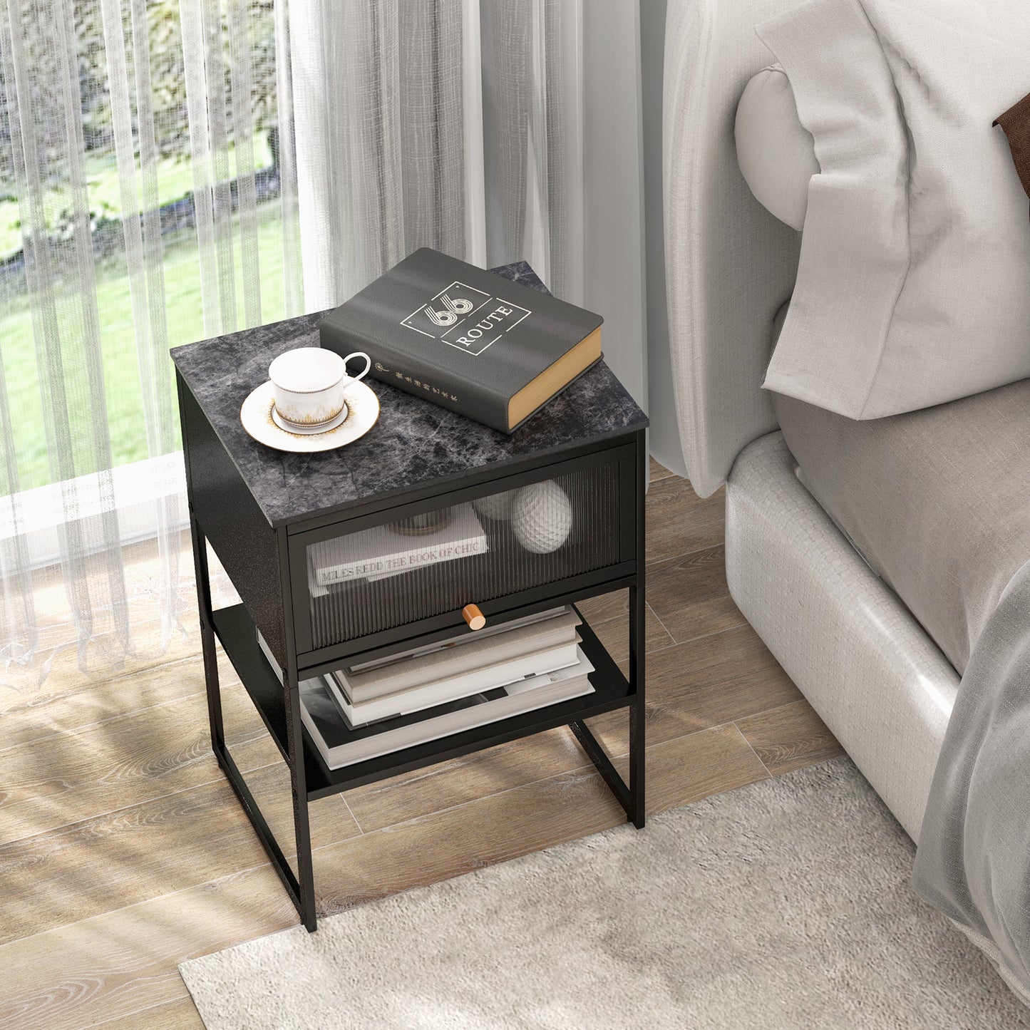 Nightstand with Flip Up Door and Storage Shelf in Black