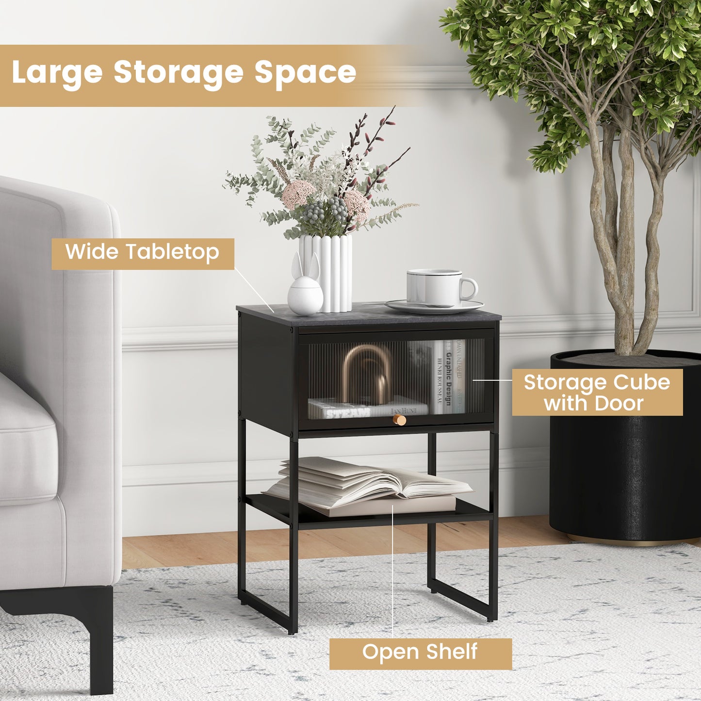 Nightstand with Flip Up Door and Storage Shelf in Black