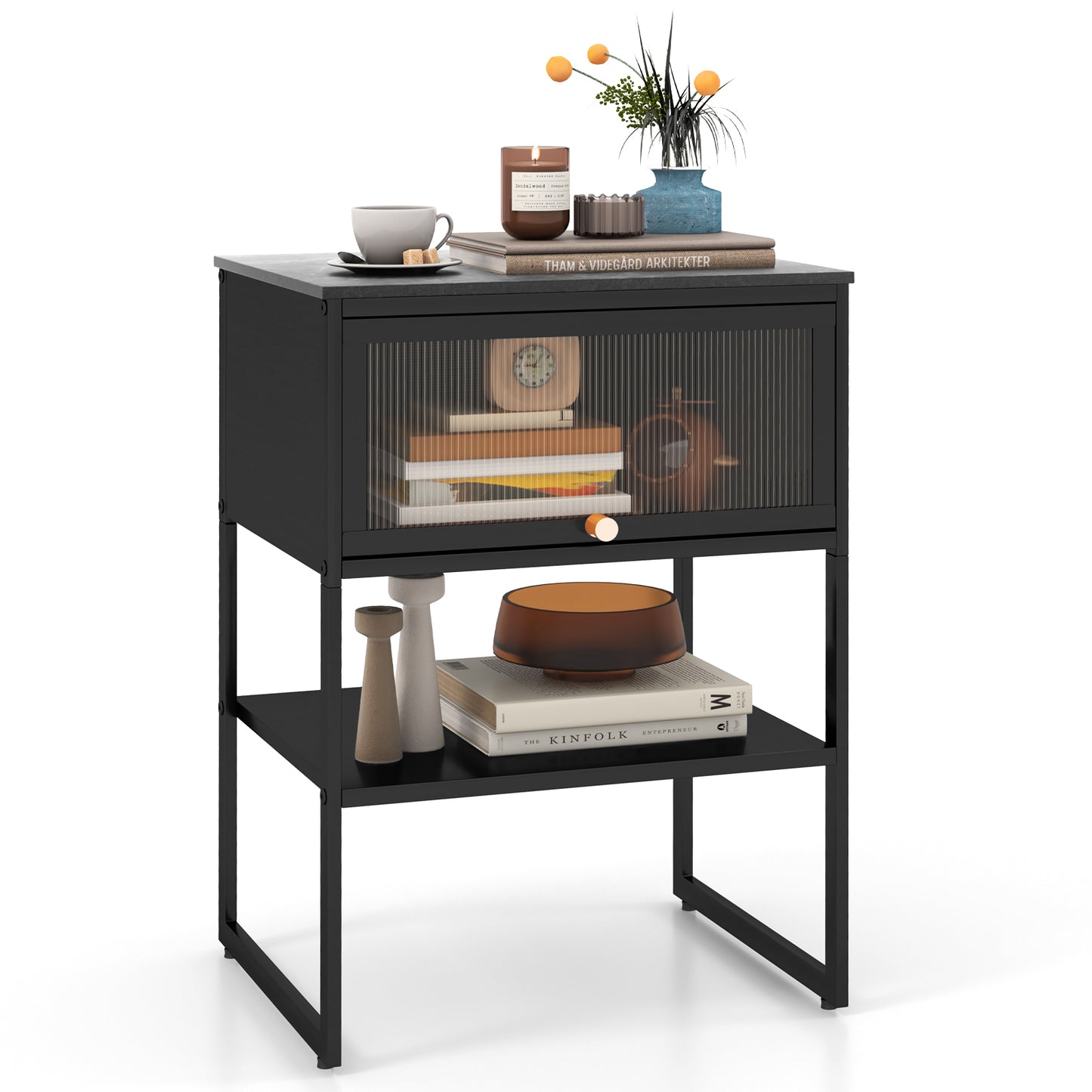 Nightstand with Flip Up Door and Storage Shelf in Black