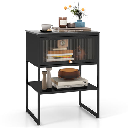Nightstand with Flip Up Door and Storage Shelf in Black