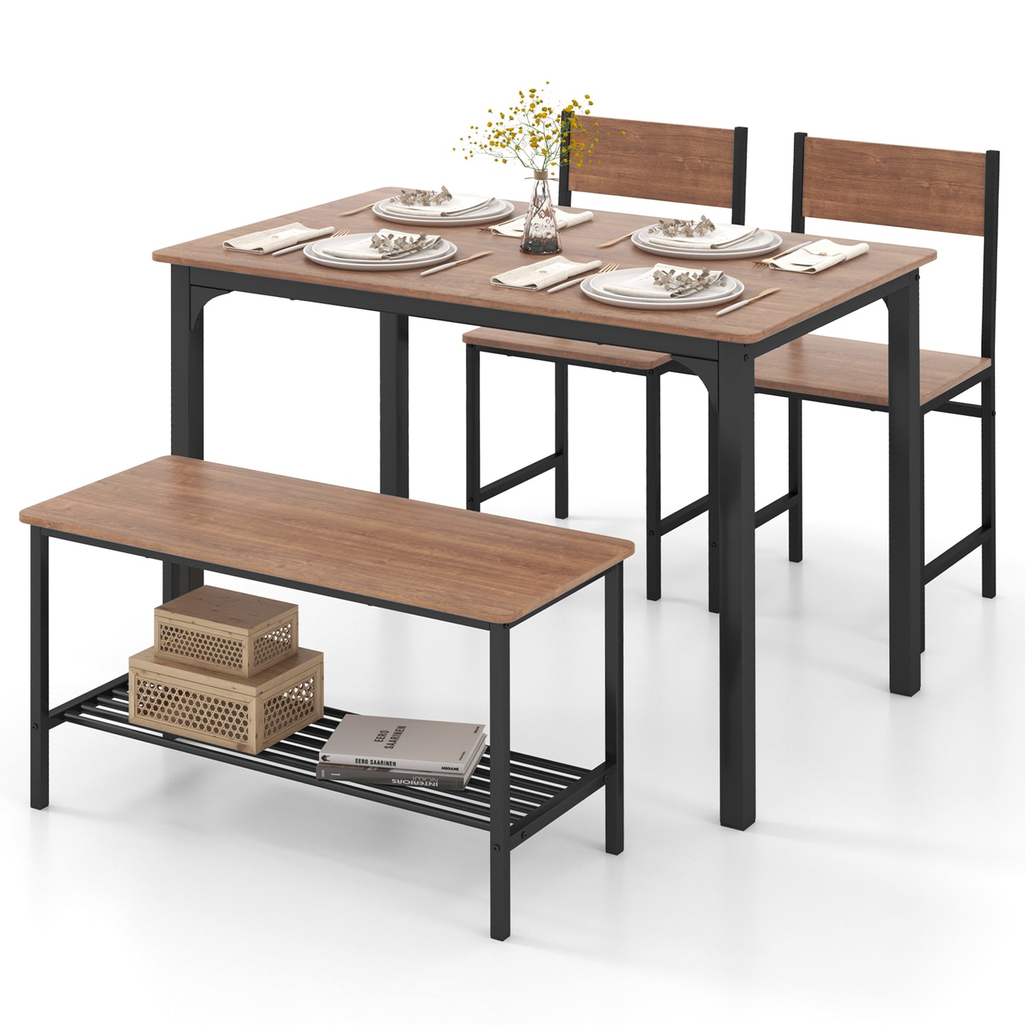 Rustic 4 Piece Dining Table Set with Bench and Two Chairs for Kitchen or Dining Room, Brown