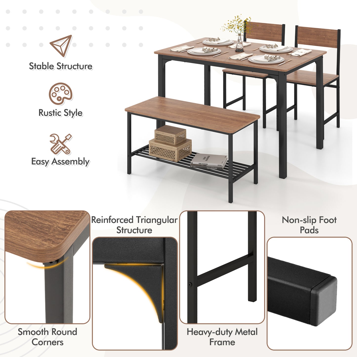 Rustic 4 Piece Dining Table Set with Bench and Two Chairs for Kitchen or Dining Room, Brown