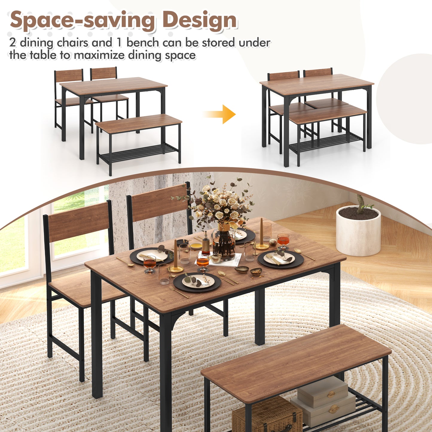 Rustic 4 Piece Dining Table Set with Bench and Two Chairs for Kitchen or Dining Room, Brown