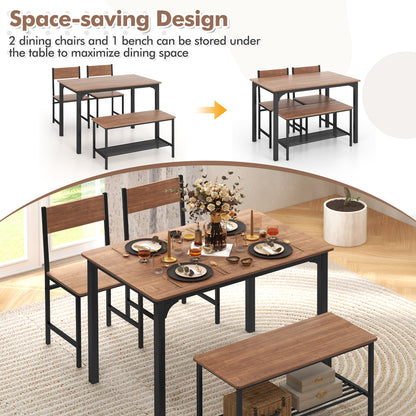Rustic 4 Piece Dining Table Set with Bench and Two Chairs for Kitchen or Dining Room, Brown