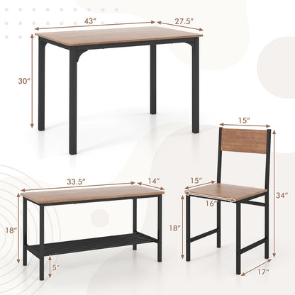 Rustic 4 Piece Dining Table Set with Bench and Two Chairs for Kitchen or Dining Room, Brown