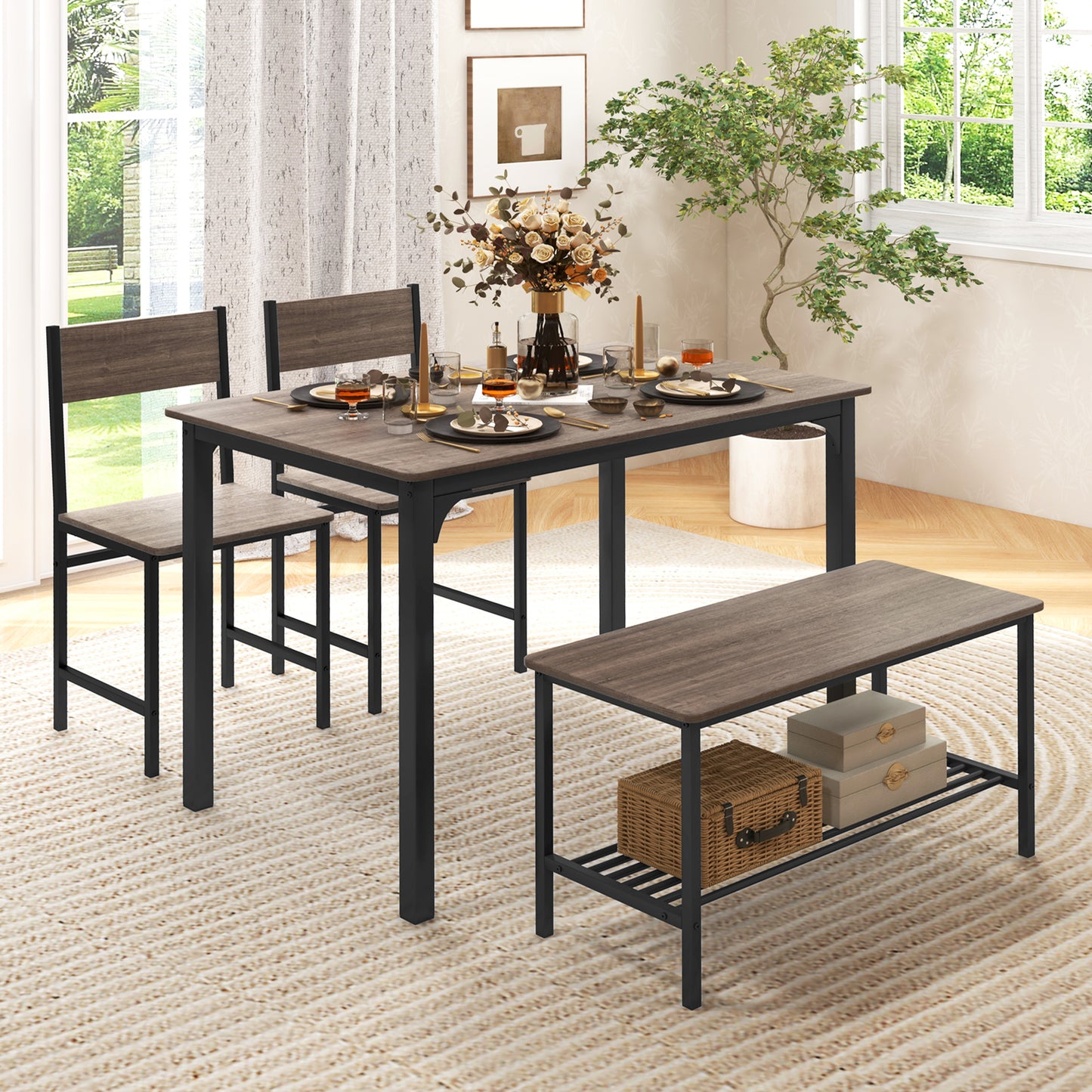 Rustic 4 Piece Dining Table Set with Bench and Two Chairs for Kitchen or Dining Room, Grey