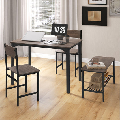 Rustic 4 Piece Dining Table Set with Bench and Two Chairs for Kitchen or Dining Room, Grey